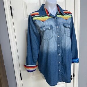 L&B Lucky & Blessed Denim Serape Flip Cuff Roll Tab Shirt Western Pearl Snaps S